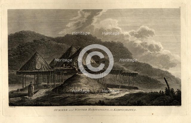 Summer and Winter Habitations in Kamchatka (from the Voyage to the Pacific Ocean), 1785. Artist: Webber, John (1751-1793)