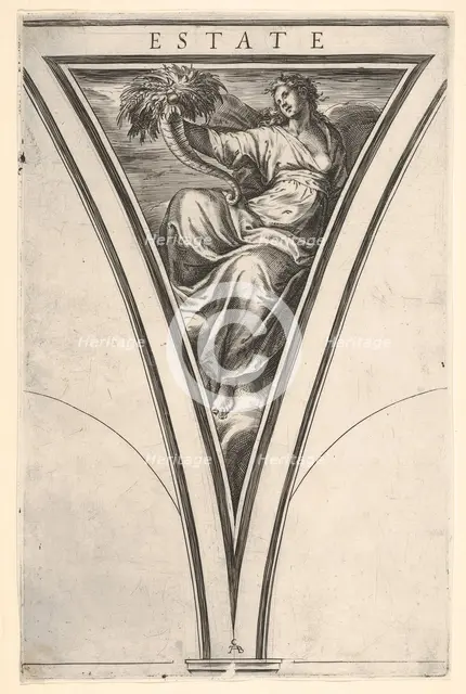 Summer (Estate), represented as a robed woman bearing a horn of plenty, a spandre..., ca. 1570-1615. Creator: Cherubino Alberti.