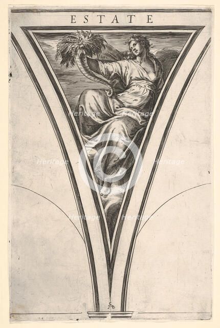 Summer (Estate), represented as a robed woman bearing a horn of plenty, a spandre..., ca. 1570-1615. Creator: Cherubino Alberti.