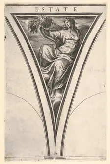 Summer (Estate), represented as a robed woman bearing a horn of plenty, a spandre..., ca. 1570-1615. Creator: Cherubino Alberti