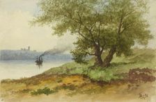 Summer landscape with tree, and steamboat in the distance, 1878. Creator: Lars Theodor Billing
