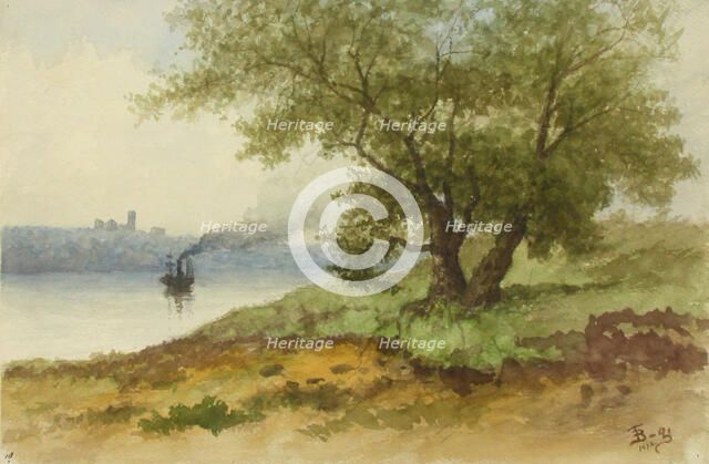 Summer landscape with tree, and steamboat in the distance, 1878. Creator: Lars Theodor Billing.