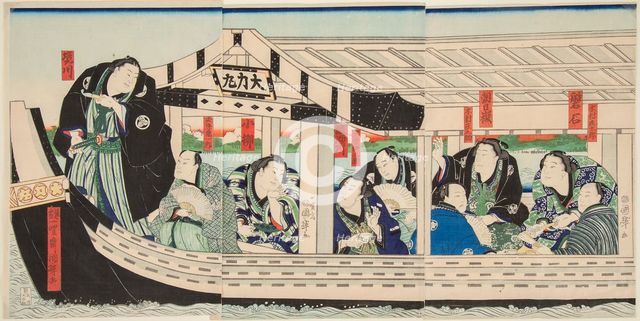 Sumo Wrestler Dairiki Maru on a boat with friends, 1864.