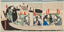 Sumo Wrestler Dairiki Maru on a boat with friends, 1864