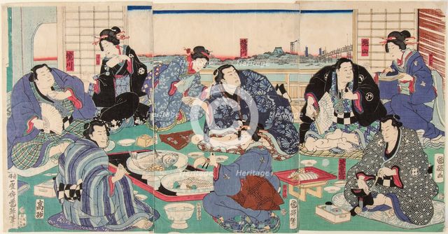 Sumo wrestler Sakaigawa Namiemon (to the left), with other sumo wrestlers and geishas at a party, 18