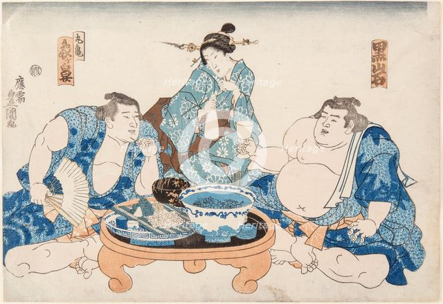 Sumo Wrestlers Kuroiwa and Zogahana with a geisha, ca 1845.