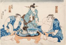 Sumo Wrestlers Kuroiwa and Zogahana with a geisha, ca 1845