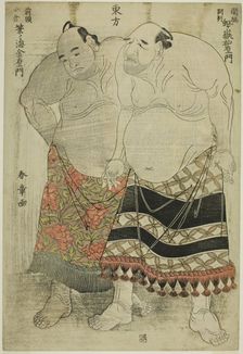 Sumo Wrestlers of the Eastern Group: (right) Nijigadake Somaemon of Sekiwake Rank fro..., c. 1782/83 Creator: Shunsho