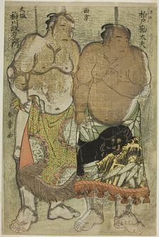 Sumo Wrestlers of the Western Group: (right) Kashiwado Kandayu from Edo, (left) and..., c. 1784. Creator: Shunsho