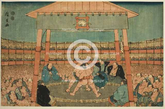 Sumo Match in the Precints of the Ekoin Temple (Ekoin keidai sumo no zu), from the..., c. 1847/52. Creator: Ando Hiroshige.