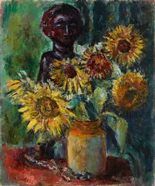 Sun Flowers and a Wooden Sculpture, 1885-1943. Creator: Meri Genetz