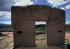 Sun Gate, monolith decorated with god Viracocha, in the ruins of Tiahuanaco