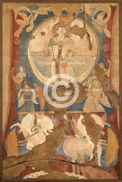 Sun god Surya on his chariot. Copy of a painted mural inside the niche of a Bamiyan Buddha..., 1935. Creator: Carl, Jean (1900-1941).