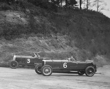 Sunbeam of BO Davis and Bentley of Major H Butler racing at a BARC meeting, Brooklands, 1930. Artist: Bill Brunell