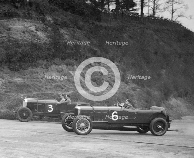 Sunbeam of BO Davis and Bentley of Major H Butler racing at a BARC meeting, Brooklands, 1930. Artist: Bill Brunell.
