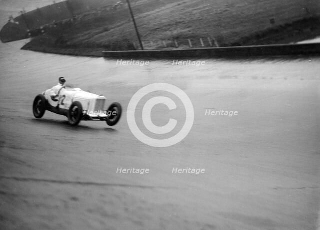 Sunbeam racing at a BARC meeting, Brooklands, 16 May 1932. Artist: Bill Brunell.