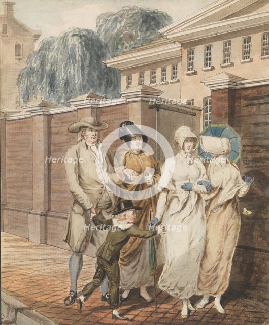 Sunday Morning in front of the Arch Street Meeting House, Philadelphia, 1811-ca. 1813. Creator: Attributed to John Carter.
