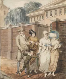Sunday Morning in front of the Arch Street Meeting House, Philadelphia, 1811-ca. 1813. Creator: Attributed to John Carter