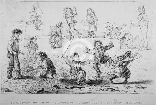 'Sunday morning on the ground of the Farringdon Street extension, Field Lane', City of London, 1865. Artist: Anon