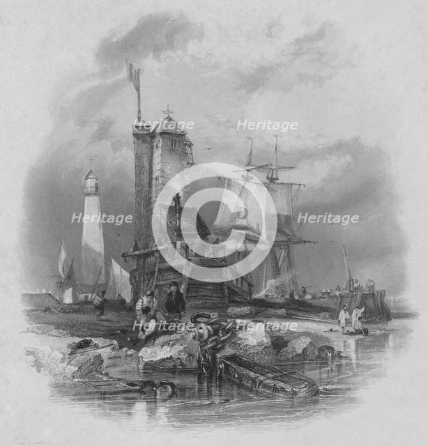 'Sunderland: the light house on the south pier', 1836. Artist: Edward Francis Finden.