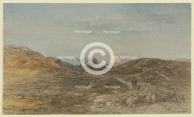 Sunken way with a flock of sheep at sunset, 1881. Creator: Anton Burger.