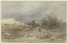 Sunken way with a flock of sheep near Kelsterbach, 1881. Creator: Anton Burger