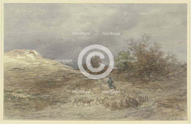 Sunken way with a flock of sheep near Kelsterbach, 1881. Creator: Anton Burger.