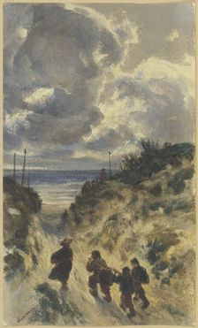 Sunken way on the lake shore with four men, 1852. Creator: Friedrick Karl Hausmann