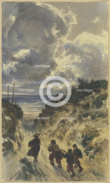 Sunken way on the lake shore with four men, 1852. Creator: Friedrick Karl Hausmann.