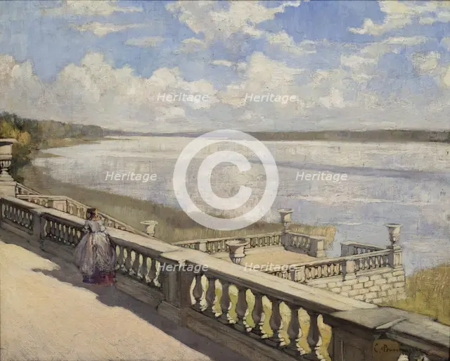 Sunny day. A lady at the balustrade, 1908. Artist: Vinogradov, Sergei Arsenyevich (1869-1938)