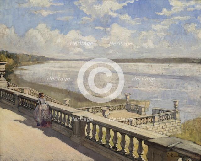 Sunny day. A lady at the balustrade, 1908. Artist: Vinogradov, Sergei Arsenyevich (1869-1938)