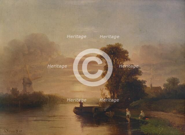 'Sunset on a River, with Windmill and Cottage', 1848, (1938). Artist: Salomon Leonardus Verveer.