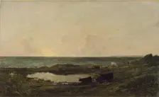 Sunset on the Coast at Villerville, 1855, with later retouching by the artist. Creator: Charles Francois Daubigny