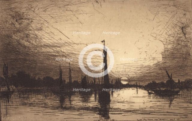 Sunset on the Rhine Near Cologne, 1885. Creator: Lewis Henry Meakin.