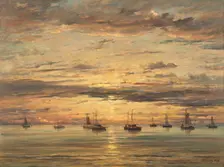 Sunset at Scheveningen: A Fleet of Fishing Vessels at Anchor, 1894. Creator: Hendrik Willem Mesdag