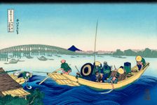 Sunset across the Ryogoku bridge from the bank of the Sumida River at Onmayagashi, 1830-1833. Creator: Hokusai, Katsushika (1760-1849)