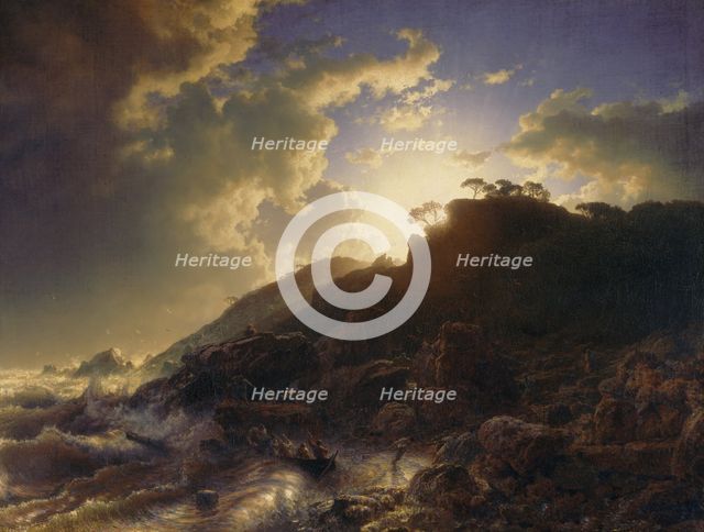 Sunset after a Storm on the Coast of Sicily, 1853. Creator: Andreas Achenbach.