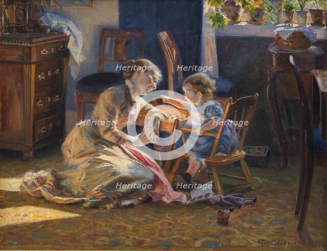 Sunshine in the Living Room. The Artist's Wife and Child, 1888. Creator: Pedersen, Viggo Christian Frederik Vilhelm (1854-1926).