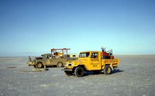 Support vehicles, Bluebird CN7 World Land Speed Record attempt, Lake Eyre, Australia, 1964. Creator: Unknown