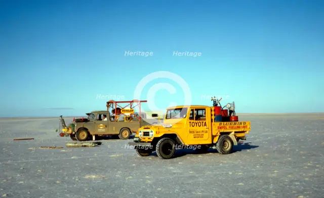 Support vehicles, Bluebird CN7 World Land Speed Record attempt, Lake Eyre, Australia, 1964. Creator: Unknown.