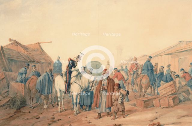 Supply base of the British Army at the Balaclava harbour, 1854. Artist: Norie, Orlando (1832-1901)