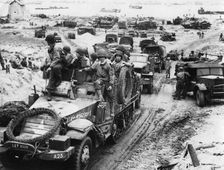 Supplies and troops move inland, Normandy beaches, France, 6 June 1944