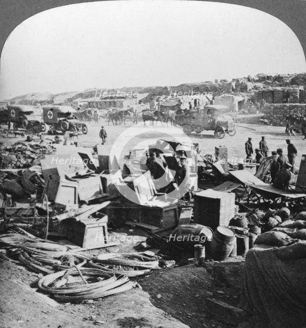 Supplies landed at Suvla Bay, Turkey, Gallipoli landings, World War I, 1915. Artist: Realistic Travels Publishers