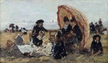 Sur la plage de Trouville à l'abri du parasol, 1885. Creator: Boudin, Eugène-Louis (1824-1898)