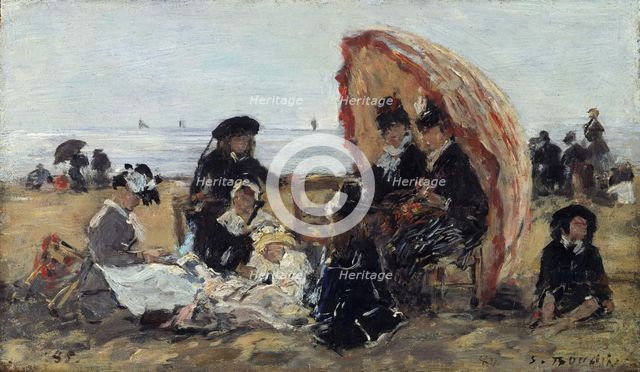Sur la plage de Trouville à l'abri du parasol, 1885. Creator: Boudin, Eugène-Louis (1824-1898).
