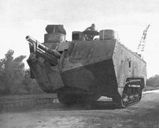 Sur le massif de Moronvilliers; Notre artillerie d'assaut: char armé a l'avant d'un canon..., 1917. Creator: Unknown