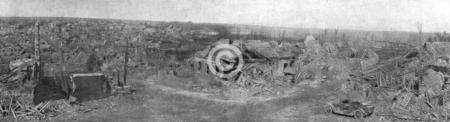 'Sur le champ de bataille de Combles; vue generale de Combles apres la prise du village', 1916. Creator: Unknown.