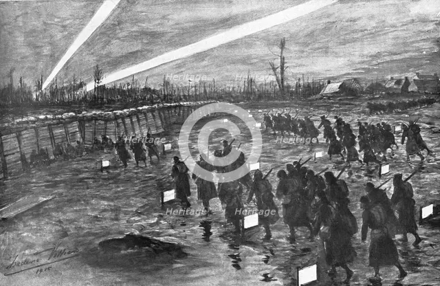 'Sur le front Britannique; Devant Neuve-Chapelle: le rassemblement nocturne de l'infanterie', 1915 Creator: Frederick Villiers.
