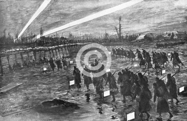 'Sur le front Britannique; Devant Neuve-Chapelle: le rassemblement nocturne de l'infanterie', 1915 Creator: Frederick Villiers.