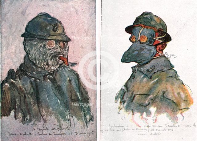 'Sur le front d'artois - Feuilles d'Album de Jean Lefort; Masques contre les gaz', 1915 (1916). Creator: Jean Lefort.